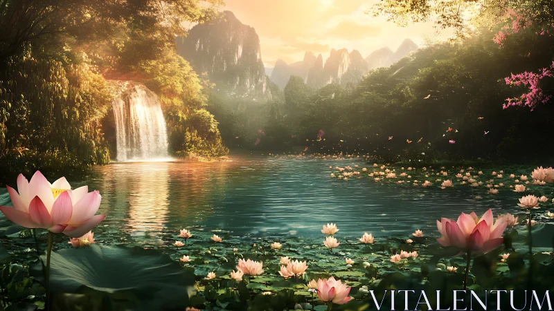 Sunlit lotus lagoon cradled by misty cliffs and waterfall.