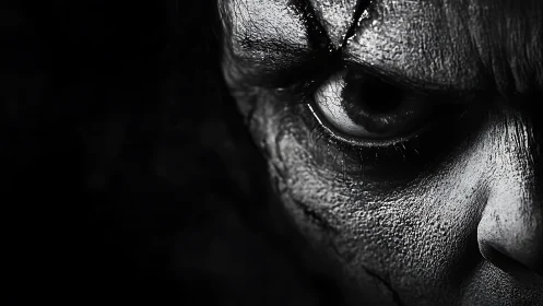 Close-up horror portrait shows cracked, scarred human face