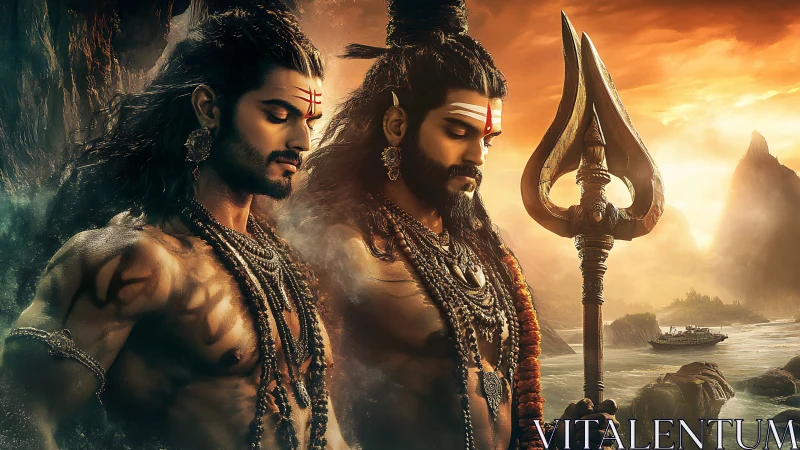 Mythic warriors stand on rocky shore under orange sunset.