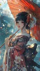 Autumn kimono maiden under luminous scarlet parasol.
