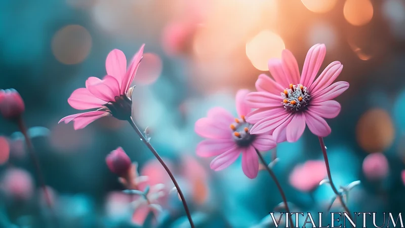 Pink Daisies Dancing in Golden Light.