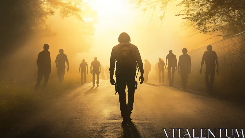 Backlit survivor silhouette crossing foggy road amid figures