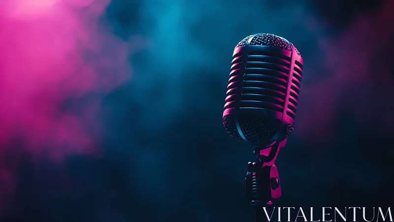 Vintage stage microphone under neon blue and magenta haze.
