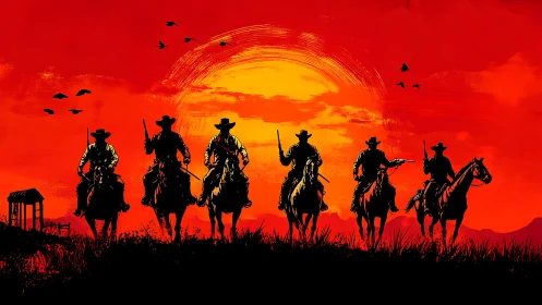Six armed cowboys on horseback ride across red sunset