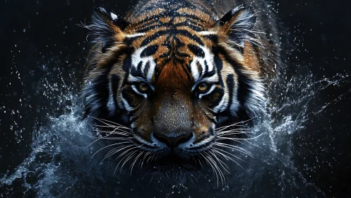 Tiger powers through dark water, eyes burning with focus.