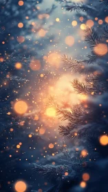 Snowy pine branches glowing with gentle golden lights.