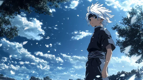 White haired anime warrior stands beneath drifting sky petals.