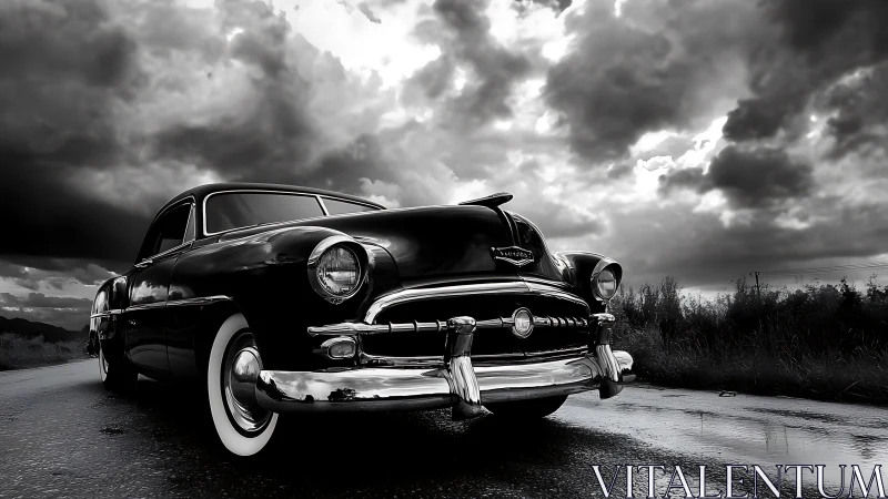 Classic black vintage car on wet rural road at dusk.