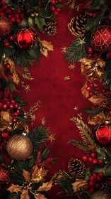 Christmas ornaments border frames textured red background