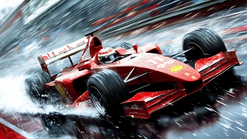Red Formula 1 car accelerates through wet track spray