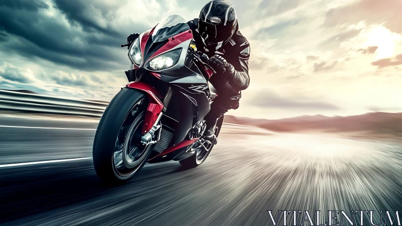 Motorcycle rider on highway in low, forward-leaning position.