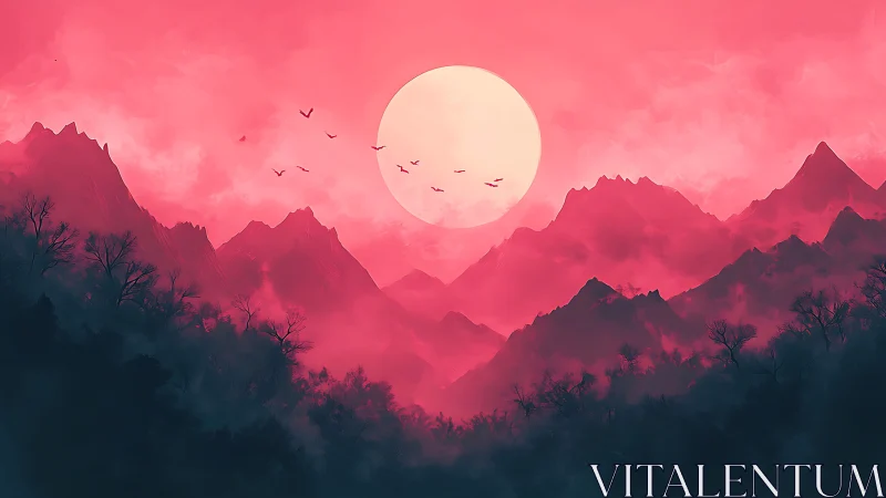Pink misty mountain range with large sun and birds in sky.