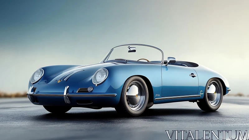 Sleek blue classic roadster basks in soft sunrise light