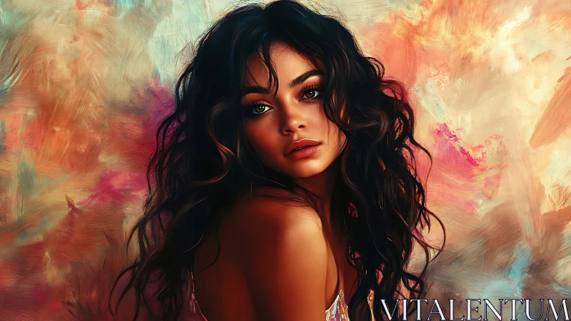 Digital portrait of woman amid vivid abstract brushstrokes.