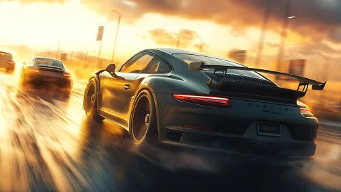 Sports car races on wet city road at glowing sunset light.