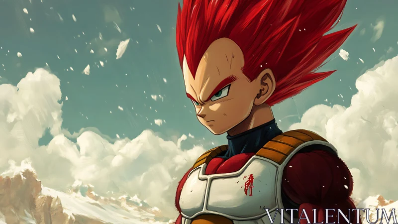 Red-haired anime warrior in snowy mountain battlefield portrait.