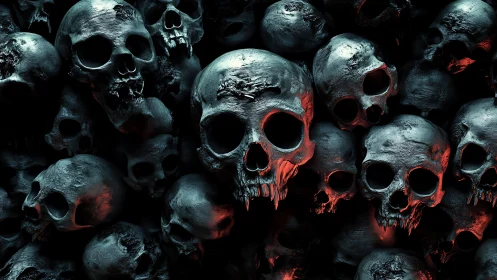 Dense cluster of metallic skulls with red accent lighting.