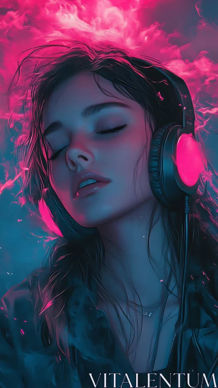 Neon-lit girl dissolves into vapor while lost in music.