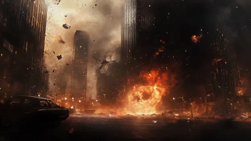 Urban street engulfed in large-scale explosion at night.