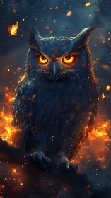 Ember-eyed night owl crowned in drifting sparks of fire.