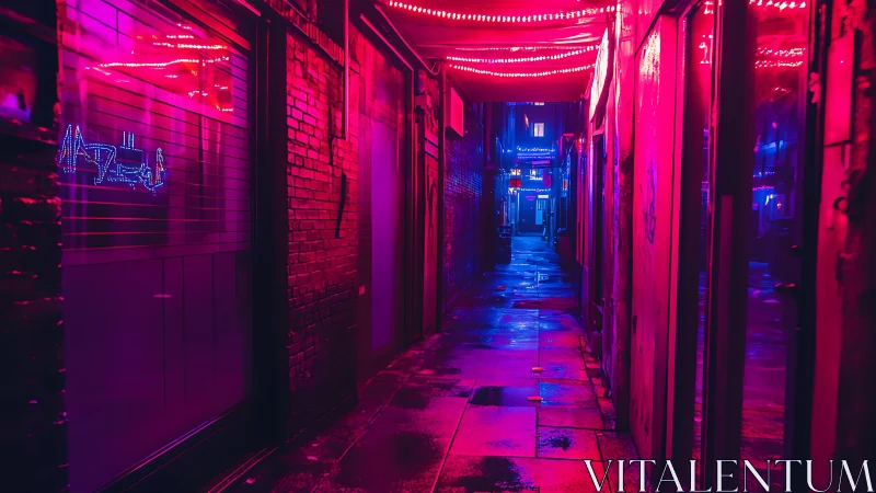 Neon-soaked alleyway dreaming in magenta and electric blue.