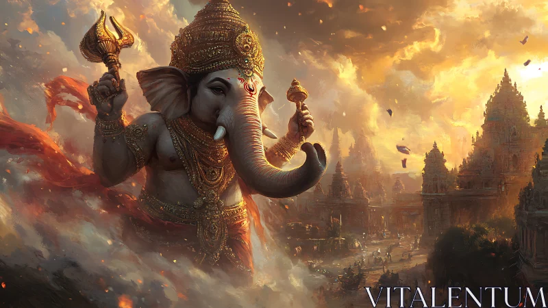 Colossal Ganesha strides through emberlit temple clouds.