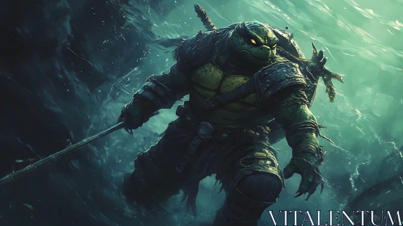 Armored mutant turtle warrior standing in stormy water.