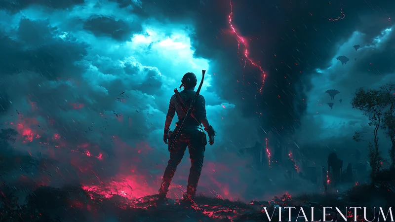 Lone warrior facing neon storm vortex in apocalyptic landscape