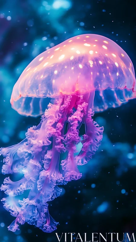 Neon moon jelly drifts through a cosmic midnight aquarium.