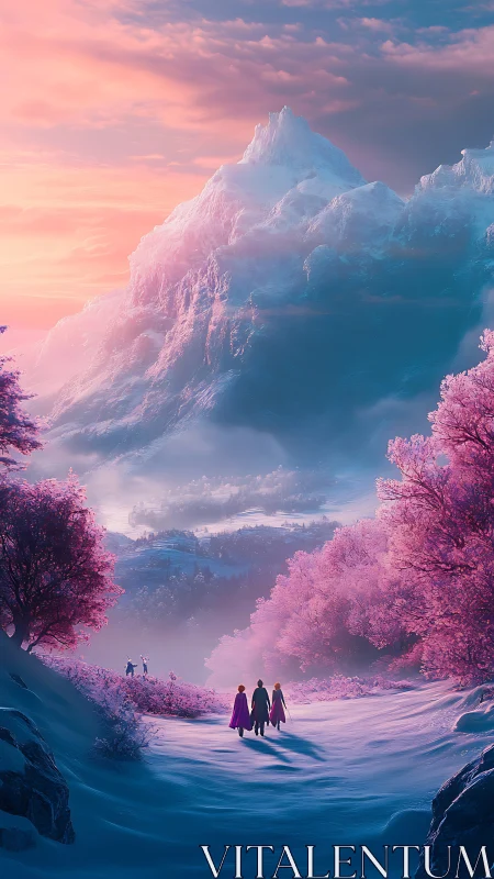 Travelers walk toward glowing pink forest beneath icy peak