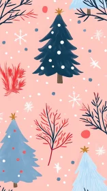 Stylized conifer trees and branches on pink winter background.