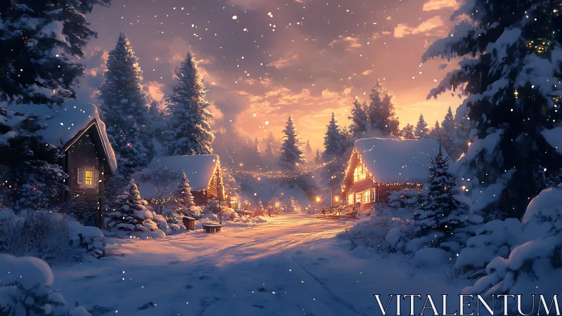Snow-covered village lane at dusk with glowing cabin lights