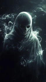 Spectral reaper emerges from swirling ethereal smoke shroud.