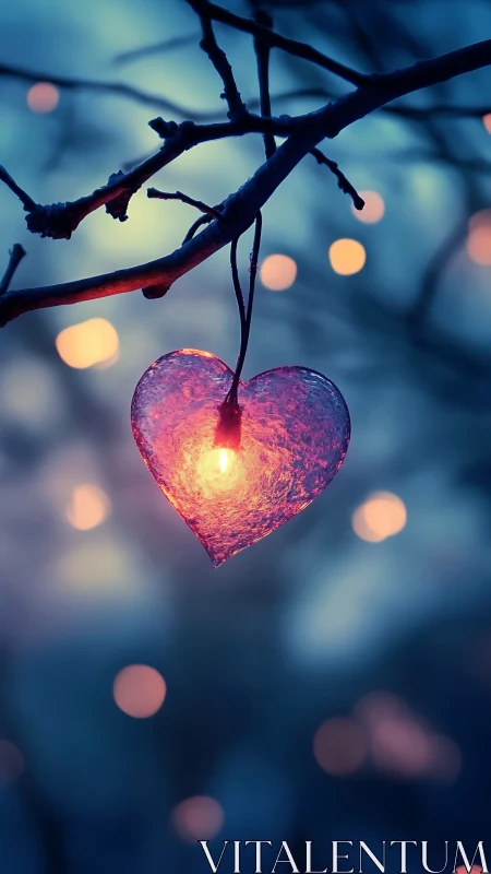 Luminescent heart pendant suspended from branch in twilight