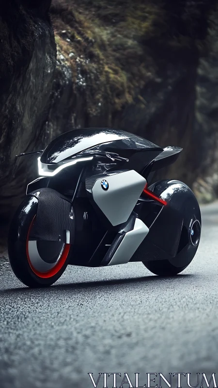 Futuristic BMW motorcycle waits quietly on a winding road