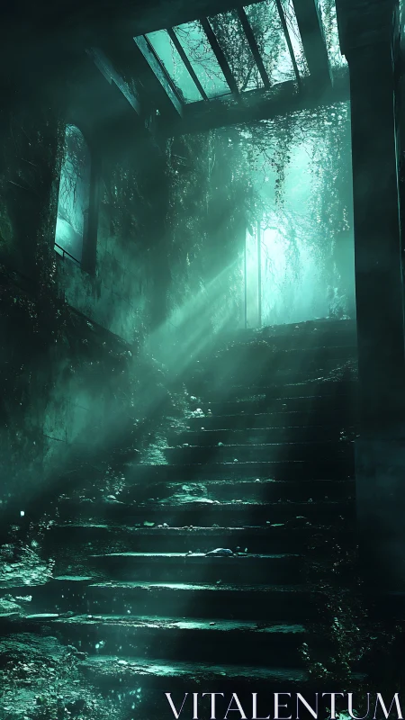 Overgrown stone stairway in teal atmospheric light.