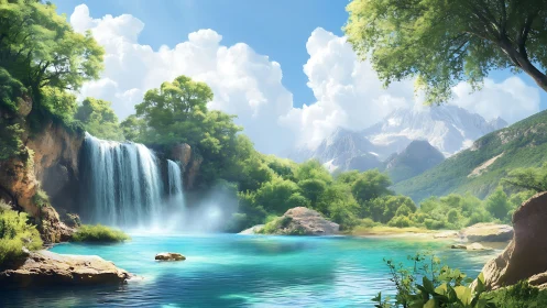 Sunlit alpine waterfall cascades into luminous turquoise lagoon