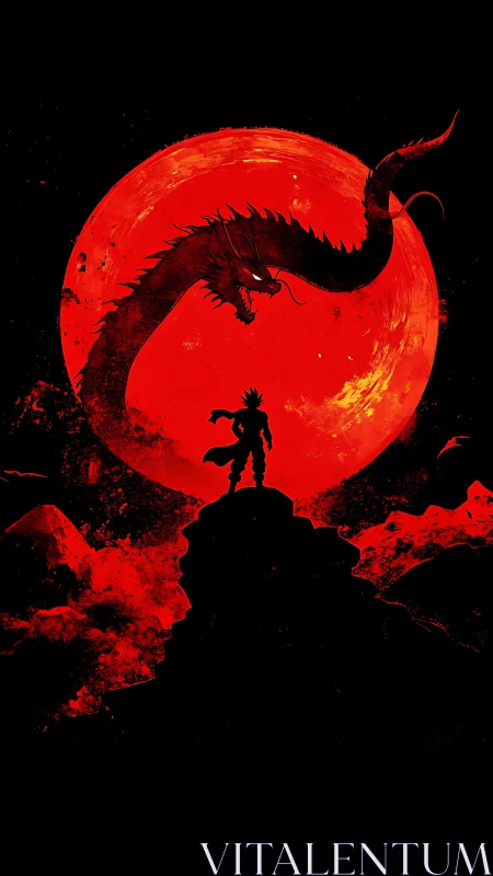 Silhouetted warrior stands before coiled dragon and red moon