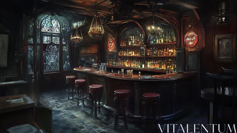 Victorian-style whiskey bar interior with moody cinematic lighting