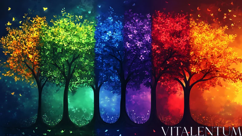Row of stylized trees rendered in segmented rainbow tones.