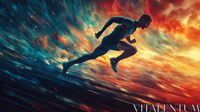 Sprinter accelerates through blazing abstract horizon