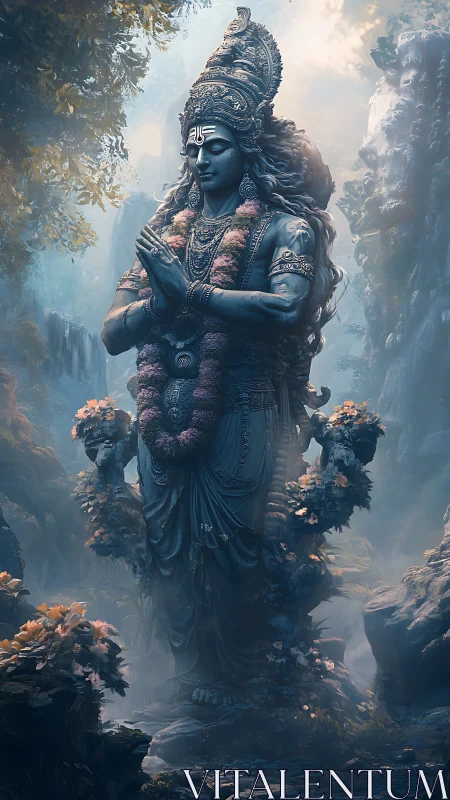 Serene stone deity stands in misty forest filled with flowers