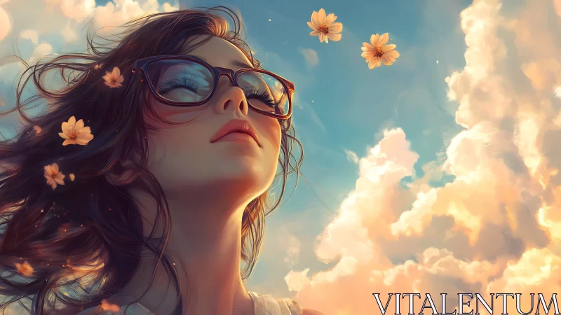 Sunlit woman with glasses in pastel cloudscape digital sky.