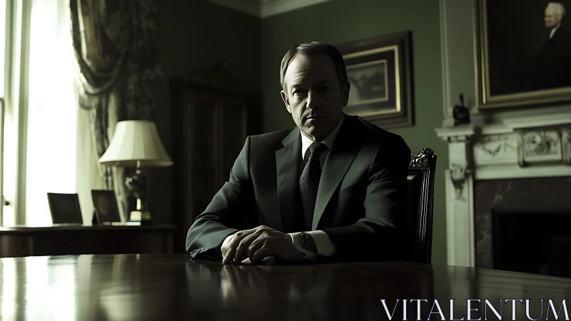 Serious businessman seated at polished office table.