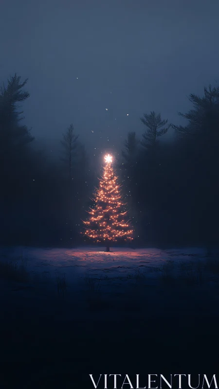 Lone illuminated Christmas tree glows in foggy winter forest