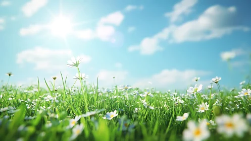 Sunlit meadow of white daisies glows under a clear spring sky