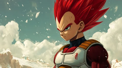 Red-haired anime warrior in snowy mountain battlefield portrait.