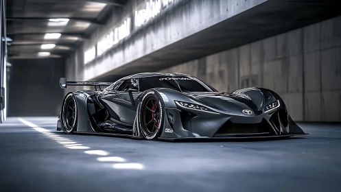 Futuristic Toyota race car in sleek concrete tunnel setting.