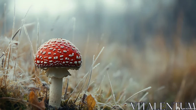 Red fly agaric glows softly in a misty frosted meadow.