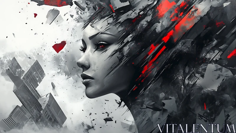 Cybernetic woman dissolving into red and black shards.